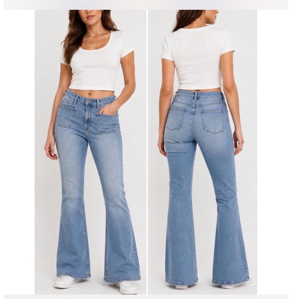 Gap 70s Flare High Rise Patch Pocket Jeans Medium Wash Blue 27 4s